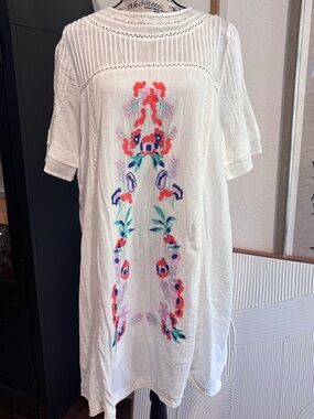 White Embroidered Boho Gauze Dress, Large